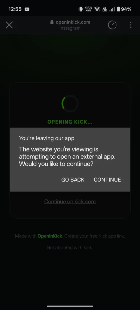 An OpenInKick link tapped in Instagram on Android shows Opening Kick and Instagram's 'You're leaving our app' prompt with a Continue button.